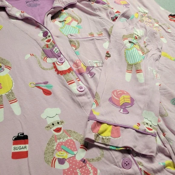 Nick & Nora 2-piece PJ Coat Set Baking Monkey Monkies Size X-Small Pink - Picture 5 of 16